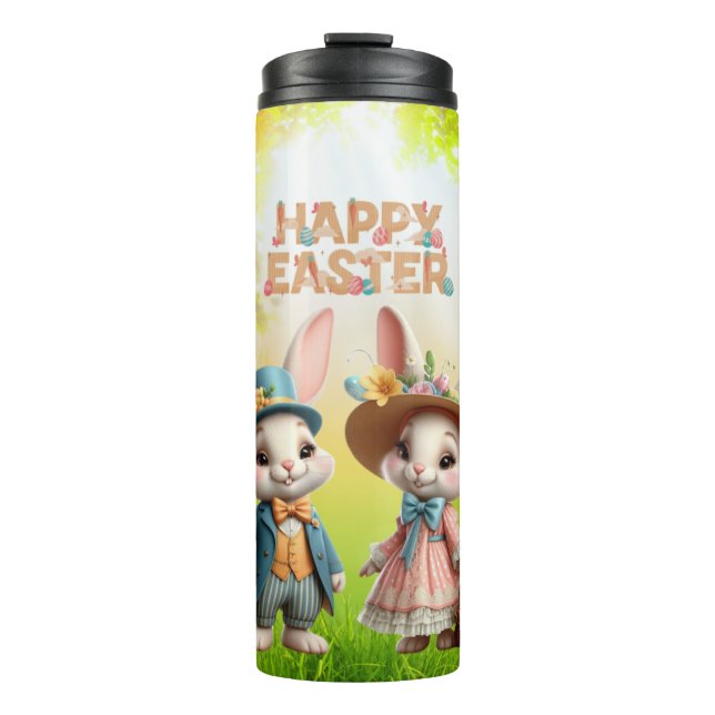 Garrafa Térmica Felz pascoa branco, com 2 coelhos (Frente)