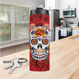 Garrafa Térmica Feriados de Rosas vermelhas rosa com o crânio do a