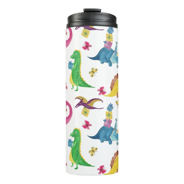 Garrafa Térmica Festa de dinossauro: padrão de aquarela. (Frente)