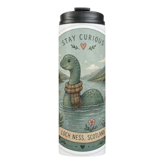 Garrafa Térmica Fique Curioso Aconchegante Críptido Nessie Monstro (Frente)