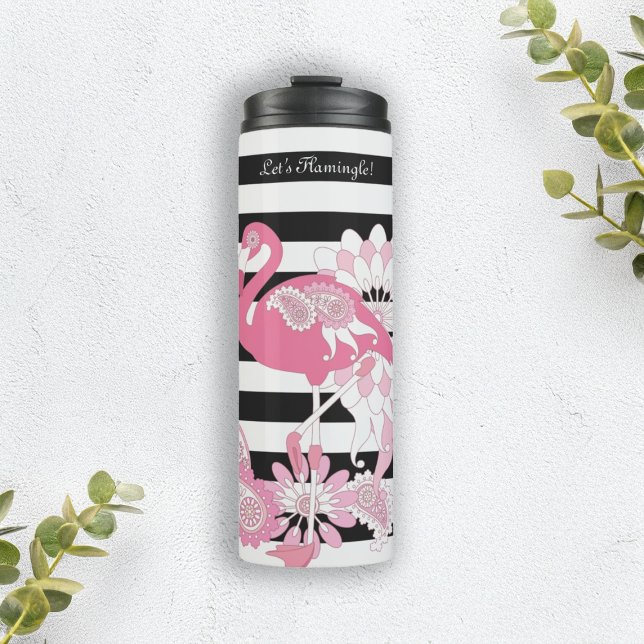 Garrafa Térmica Flamingo Rosa Caprichoso Listras Pretas e Brancas (Criador carregado)