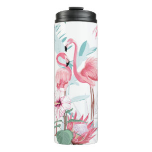 Garrafa Térmica Flamingo rosa e flores exóticas, folhas de palma,