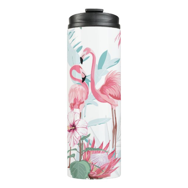 Garrafa Térmica Flamingo rosa e flores exóticas, folhas de palma,  (Frente)