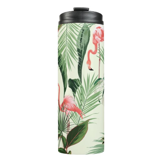 Garrafa Térmica Flamingo rosa e flores exóticas, folhas de palma.  (Frente)