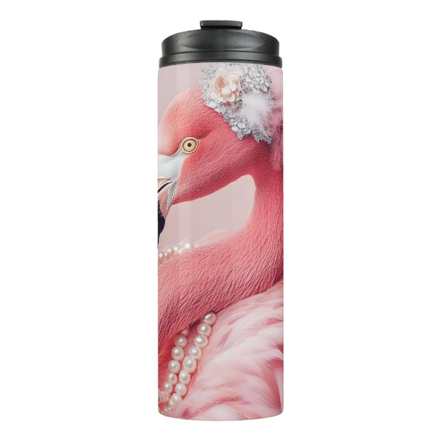 Garrafa Térmica Flamingo Rosa Elegante com Pérolas e Penas (Frente)
