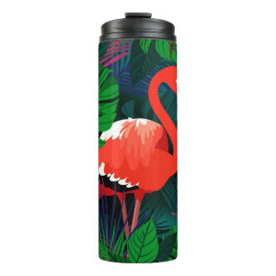 Garrafa Térmica Flamingo rosa. Folhas tropicais, borboleta rosa,