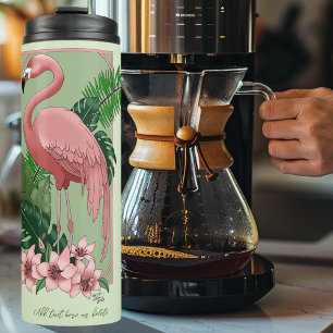 Garrafa Térmica Flamingo Rosa Tropical Folhas de Palmeira Verde Lí