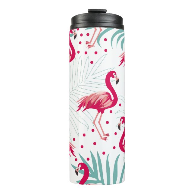 Garrafa Térmica Flamingo tropical e folhas, padrão de verão. (Frente)