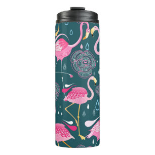 Garrafa Térmica Flamingos Fllowers: Gráfico Escuro Sem Costura.