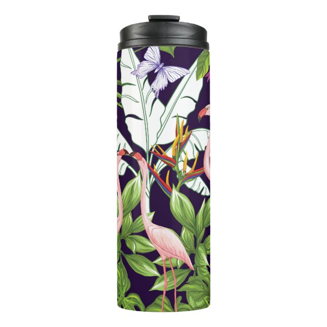 Garrafa Térmica Flamingos, plantas tropicais: padrão de colheita. (Frente)