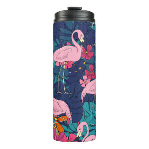 Garrafa Térmica Flamingos sobre fundo de folhas tropicais e f