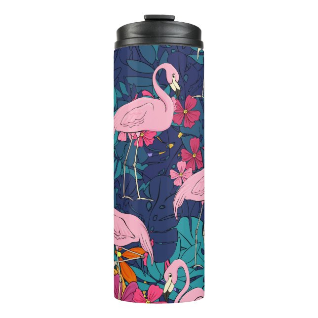 Garrafa Térmica Flamingos sobre fundo de folhas tropicais e f (Frente)