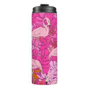 Garrafa Térmica Flamingos sobre fundo de folhas tropicais e f