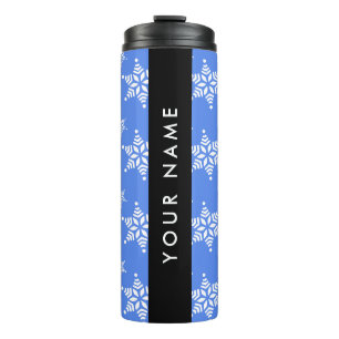Garrafa Térmica Flocos de Neve Brancos, Azul, Seu nome, Personaliz