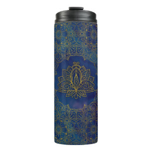 Garrafa Térmica Flor de Lotus Dourado elegante no azul