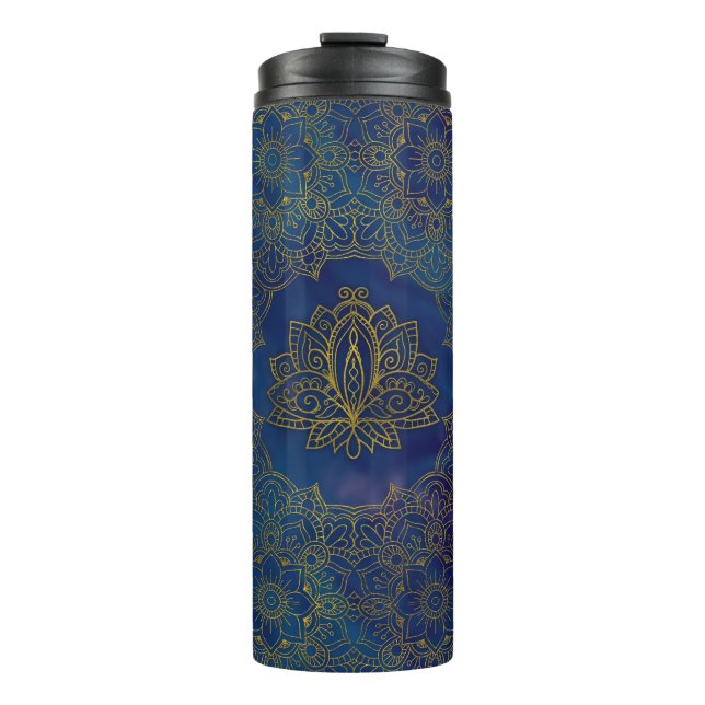 Garrafa Térmica Flor de Lotus Dourado elegante no azul (Frente)