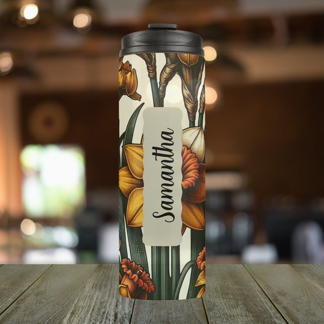 Garrafa Térmica Flor de Nascimento em Março Personalizado, Magra 1 (Personalized 20 oz thermal tumbler with birth flower of the daffodil for the month of March)