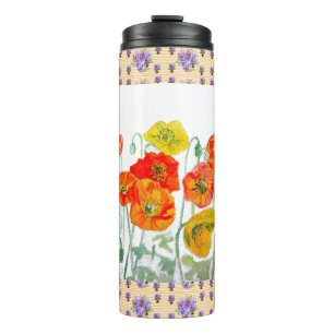 Garrafa Térmica Flor de Papoula Laranja Vermelha Pintura de Mulher
