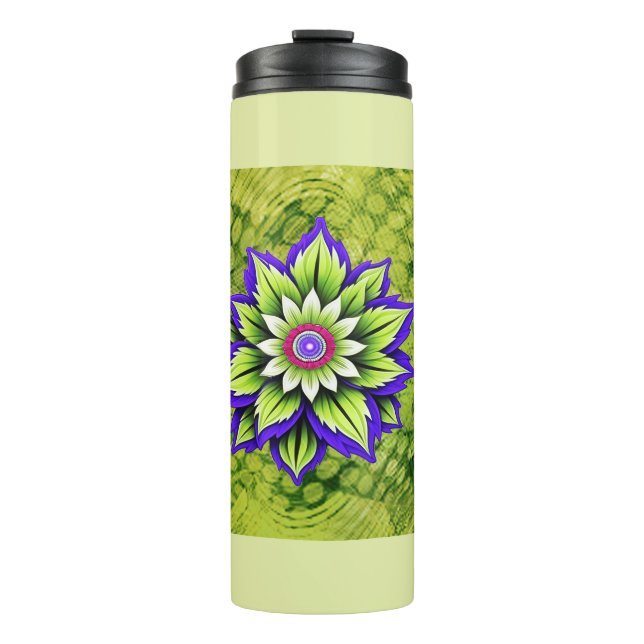 Garrafa Térmica Flor Geométrica com Pétalas Roxas e Verdes (Frente)