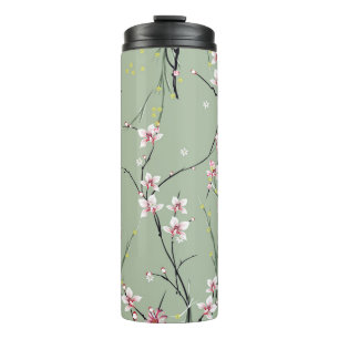 Garrafa Térmica flor pequena vermelha e amarela em fundo verde