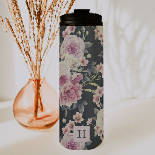 Garrafa Térmica Florais Escuros Elegantes em Preto Tumbler Monog