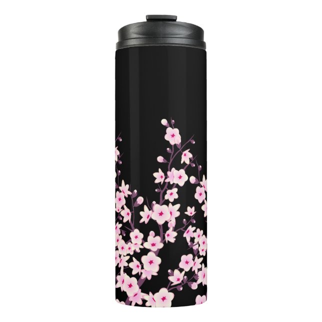 Garrafa Térmica Florais Flores de Cerejeira Rosa Preto (Frente)