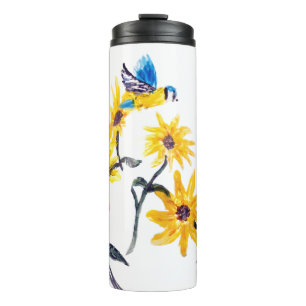 Garrafa Térmica Floral Bird Art Bluetit Sunflower