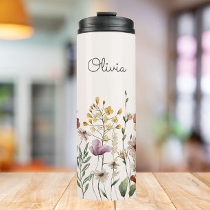 Garrafa Térmica Floral Bonito de Flor Silvestre de Aquarela Monogr