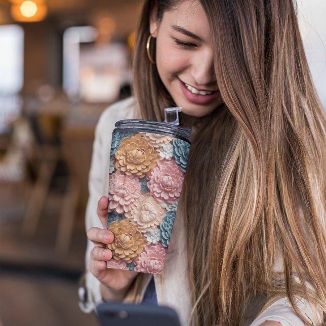 Garrafa Térmica Floral botânico azul e rosa 3D (3D Pink and Blue botanical Floral Thermal Tumbler)