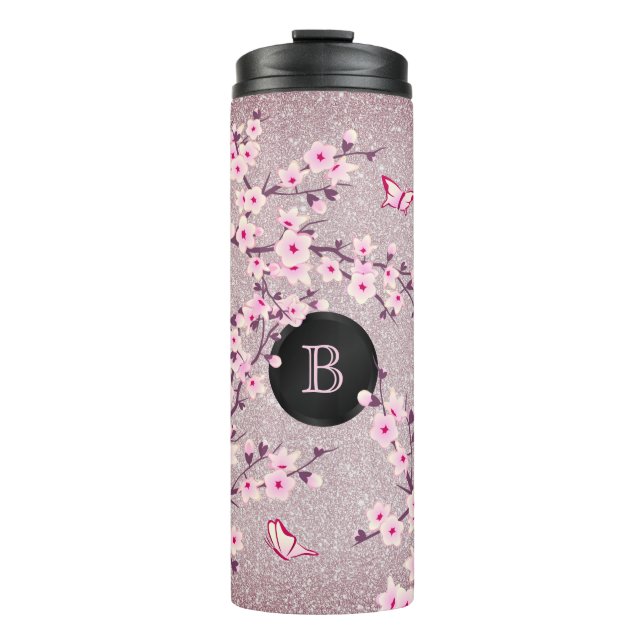 Garrafa Térmica Floral Cherry Blossoms Monograma Mauve Glitter (Frente)