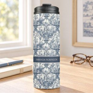 Garrafa Térmica Floral damasco azul vintage monograma toile de jou