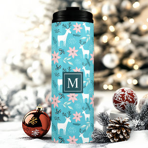 Garrafa Térmica Floral de Rena Poinsettia Monograma de Natal