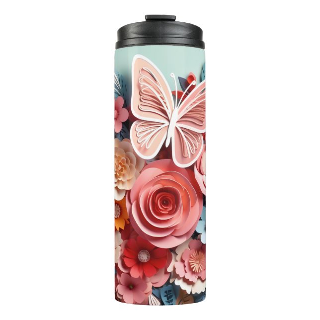 Garrafa Térmica Floral e borboleta - Azul - Tumbler térmico fino (Frente)