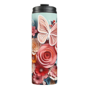Garrafa Térmica Floral e borboleta - Azul - Tumbler térmico fino