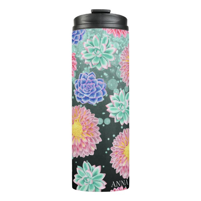 Garrafa Térmica *~* Floral Glitter Girly Succulent Thermal Tumbler (Frente)