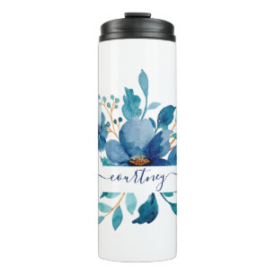 Garrafa Térmica Floral personalizado aguarela azul brilhante