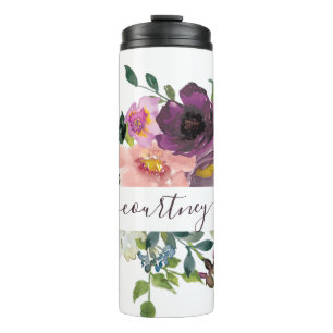 Garrafa Térmica Floral personalizado com aquarela rosa e roxa