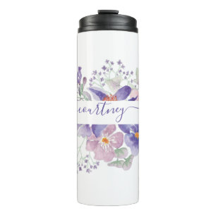 Garrafa Térmica Floral personalizado com aquarela rosa e roxa  