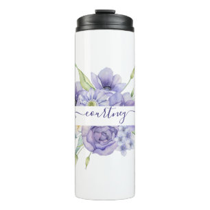 Garrafa Térmica Floral personalizado com aquarela roxa  
