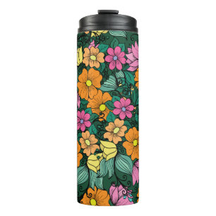 Garrafa Térmica Floral Vibrante: Vintagem de Fundo Verde.