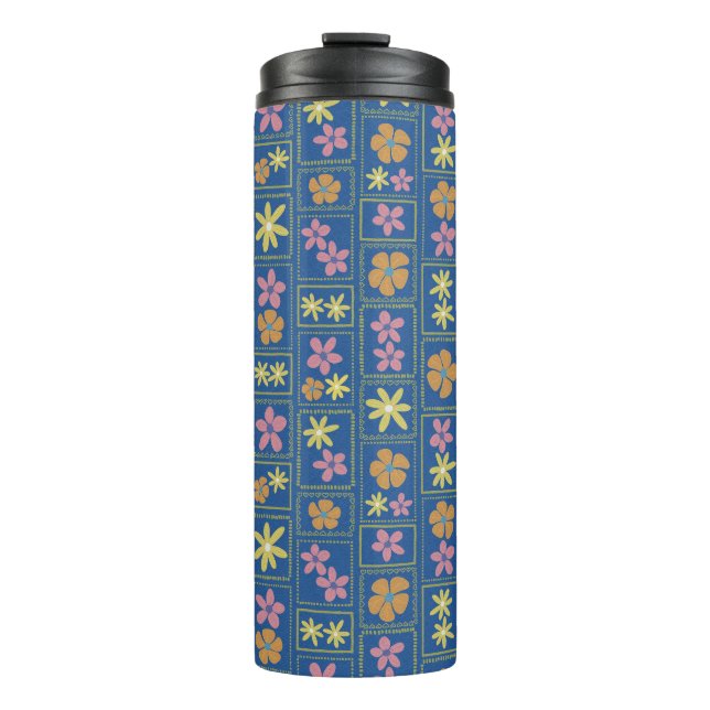 Garrafa Térmica Floral Xadrez Azul Retro (Frente)