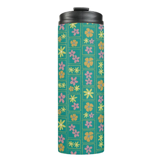 Garrafa Térmica Floral Xadrez Azul Turquesa Retro (Frente)