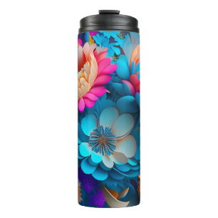 Garrafa Térmica Flores 3D laranja e azul