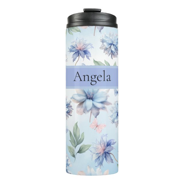 Garrafa Térmica Flores Azuis Personalizadas e Borboletas Rosas (Frente)
