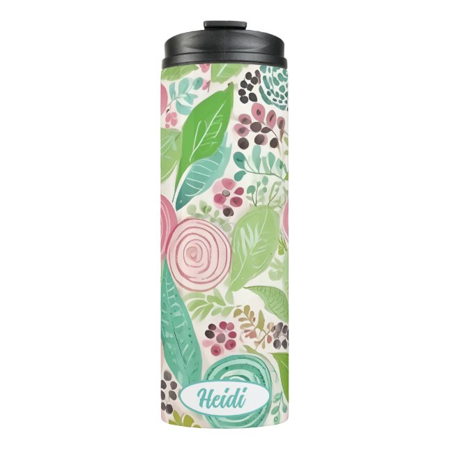 Garrafa Térmica Flores brancas, cor-de-rosa e lacas, personalizáve (Frente)