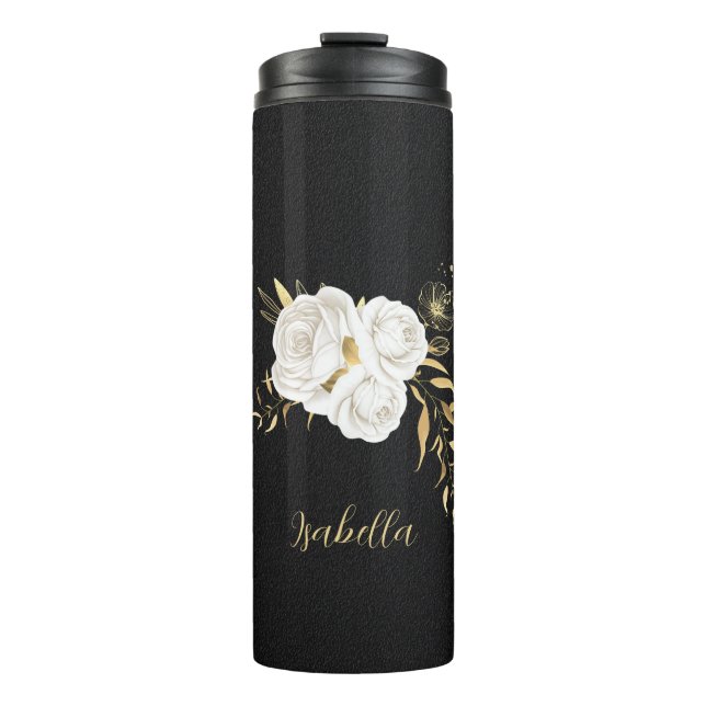 Garrafa Térmica flores brancas ouro folhas pretas (Frente)