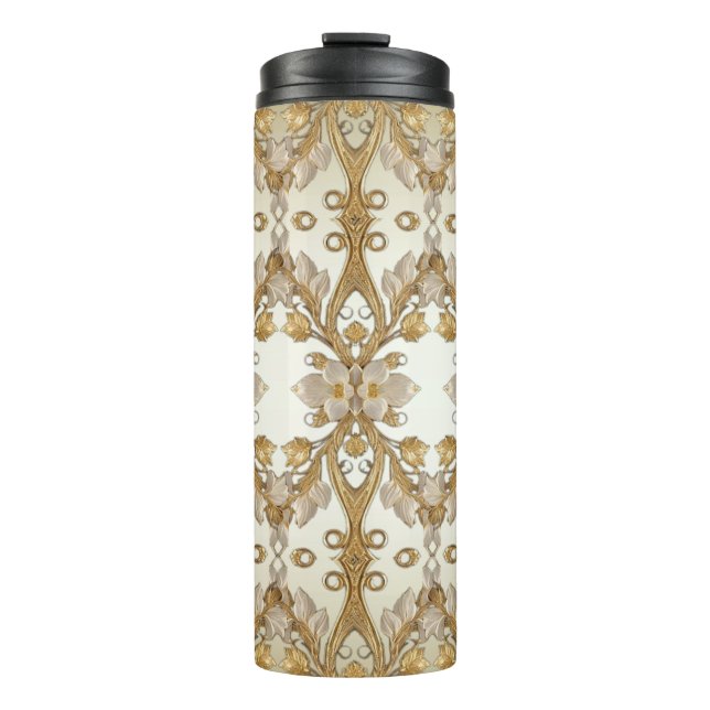 Garrafa Térmica Flores brancas Tumbler térmico Dourado decorativo (Frente)