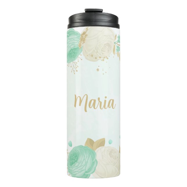 Garrafa Térmica flores brancas verde menta dourado floral  (Frente)