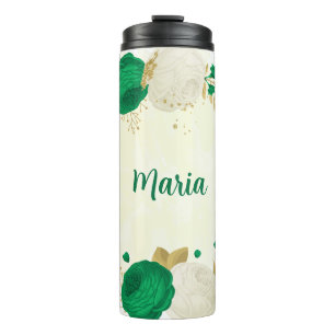 Garrafa Térmica flores brancas verdes dourado botânico