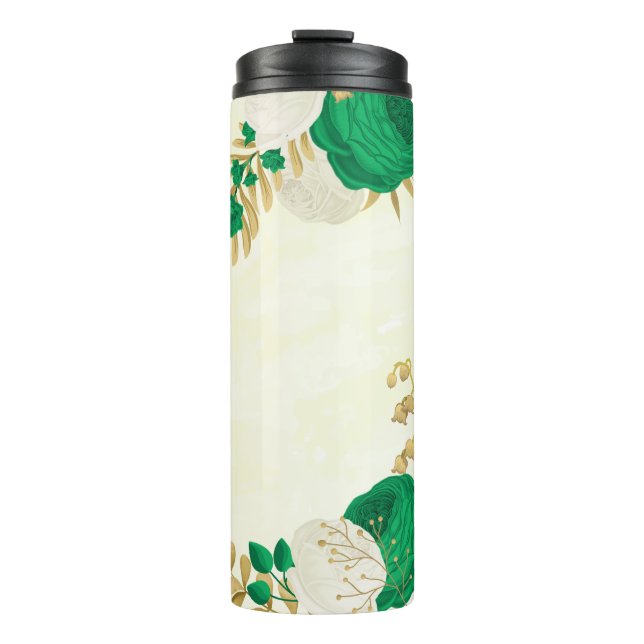 Garrafa Térmica flores brancas verdes dourado botânico (Frente)